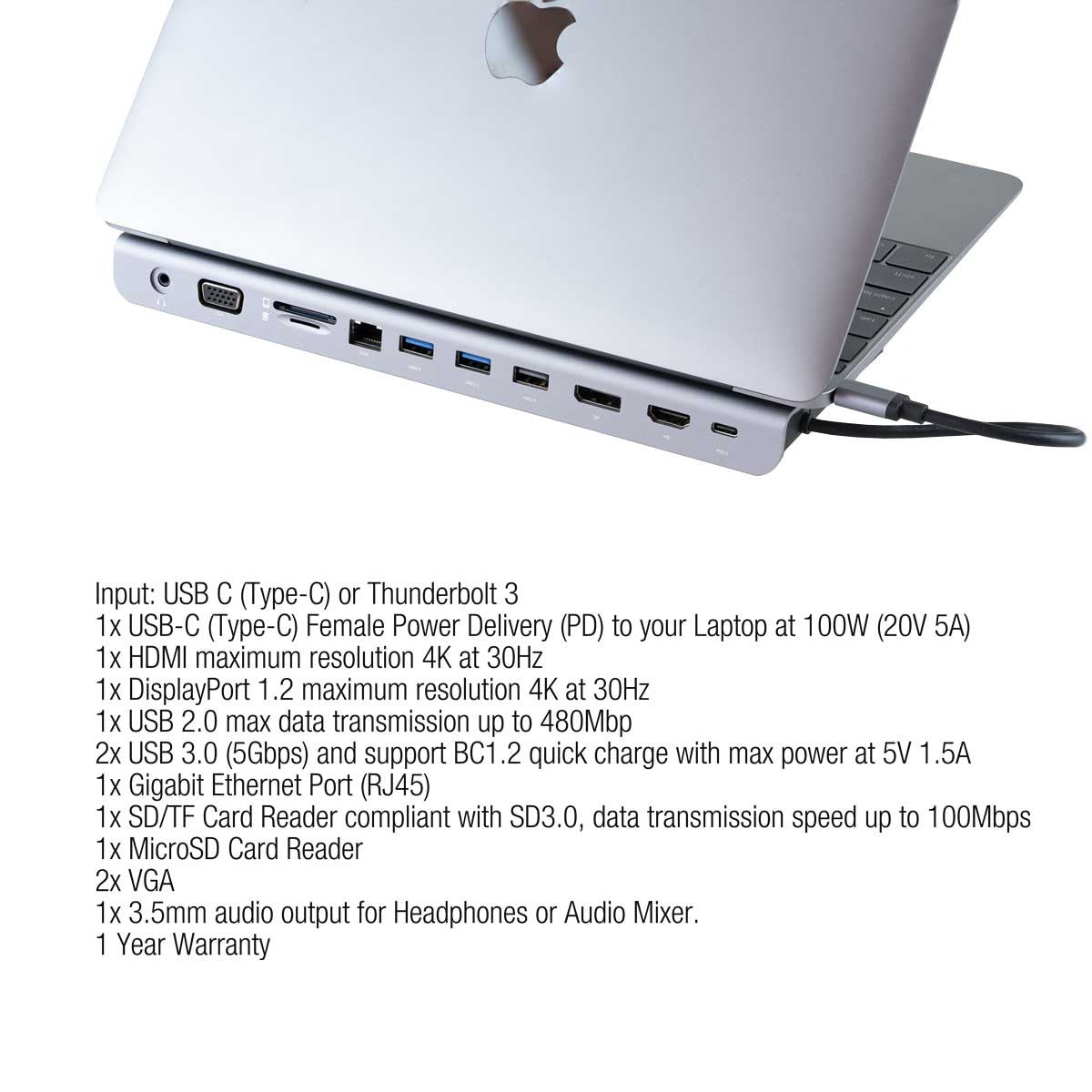 UPTab USB C (Type-C) Docking Station with Ethernet, DisplayPort 4K, HDMI 4K, VGA, 3 Port USB 3.0, USB C PD and SD/TF Card Reader - Description