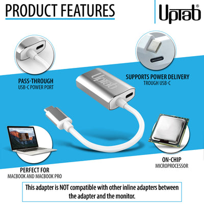 Close-up of UPTab USB-C to Mini DisplayPort Adapter – Silver, showcasing the USB-C and Mini DisplayPort connectors for 4K@60Hz video output.